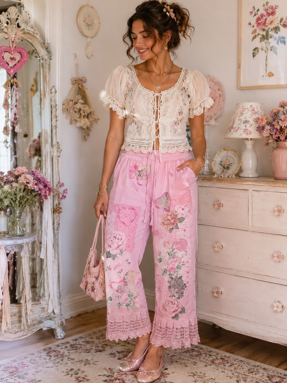 Upcycled Pink Patchwork Bloomer Pants Lace Trim, Cottagecore Floral Applique